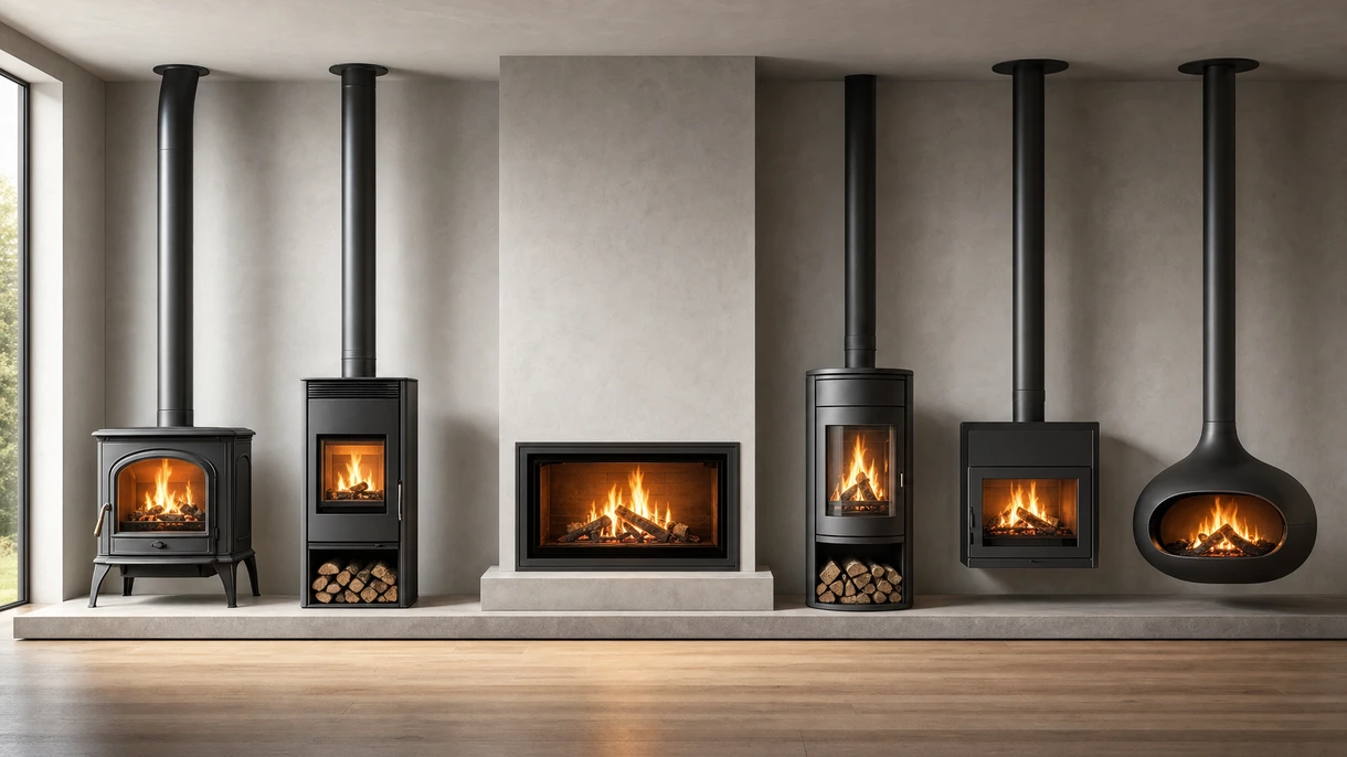 Современный минималистичный дровяной камин, интегрированный в лобби роскошного отеля с панорамным остеклением и каменной стеной.