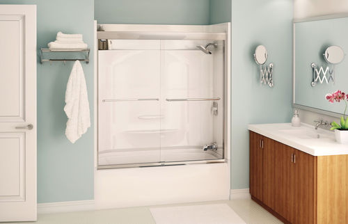 Раздвижная перегородка для ванны - AURA - MAAX bathroom - из закаленного стекла / с рамой