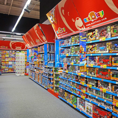 Выставочный стенд-витрина из металла - TOYS - Gondella - с панелью / на роликах / для торговли