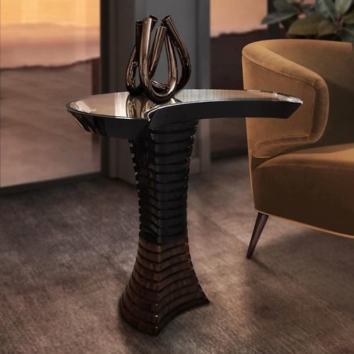Современный вспомогательный столик - VOLUTE - Malabar - из стекла / из железа / с основанием из блестящей лакированной древесины
