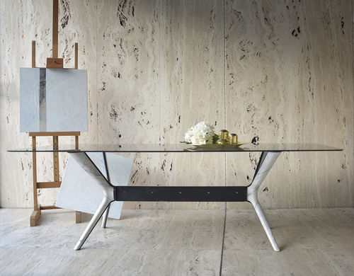 Современный обеденный стол - ROOTS MARBLE CALACATTA - MAAMI HOME - из закаленного стекла / с основанием из лакированной стали / с основанием из мрамора