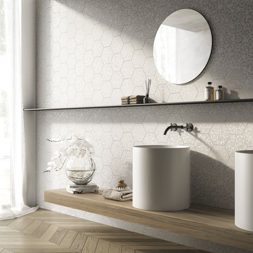 Каменная напольная плитка из керамики - EXA16 W300 BIANCO FLORA SILVER - AcquarioDue - глянцевая / рельефная / для интерьера