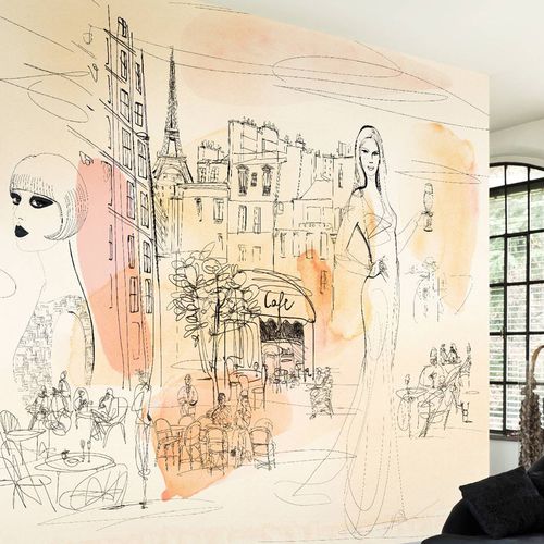 Современный обои - WATERCOLOR AND FASHION IN PARIS - Wallpepper - из целлюлозного волокна / из натурального волокна / эскиз