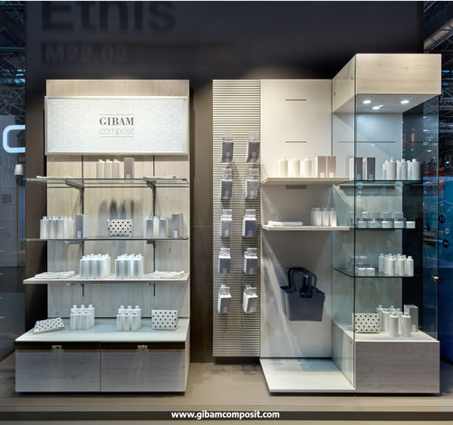 Выставочный стенд-витрина для косметической продукции - M22.02 ETHIS - GIBAM SHOPS SPA - настенный / из дерева / из алюминия