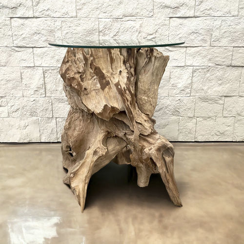 Современный вспомогательный столик - SIDETABLE1 - ARRELART - из стекла / с основанием из тикового дерева / круглый