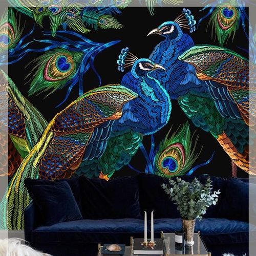 Современный обои - PEACOCK POINTY  - Wally's - с рисунком животных / в полоску / синий