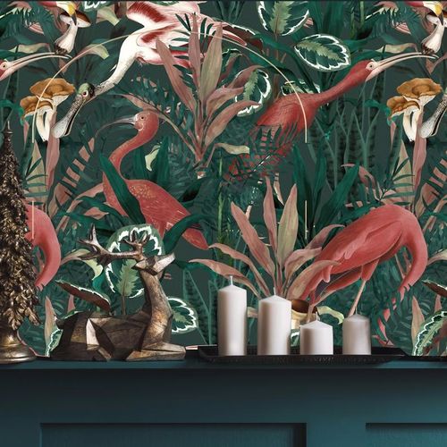 Современный обои - BURGUNDY BIRDY  - Wally's - природный мотив / зеленый / красный