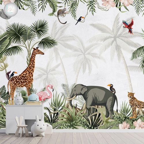 Современный обои - JUNGLE TROPICAL  - Wally's - с рисунком животных / серый / зеленый