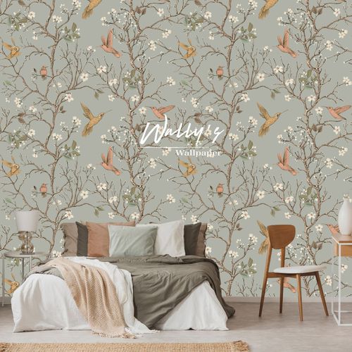 Современный обои - LITTLE FLORAL AND BIRDS  - Wally's - в цветочек / с китайскими мотивами / серый