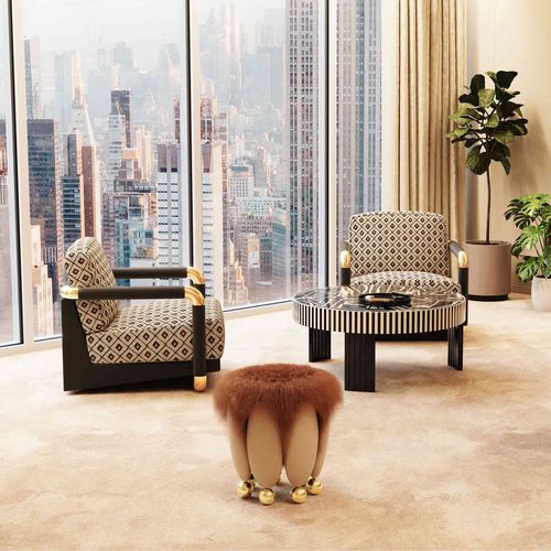 Современный пуф - LUNARYS STOOL - Hommés Studio - из полированной латуни / из экологического меха / круглый