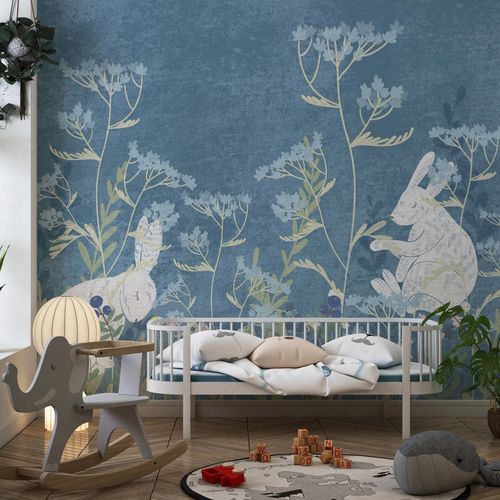 Современный обои - LAPINS ET FLEURS SAUVAGES - Kam et Leon - из нетканых материалов / виниловый / рисунок с животными
