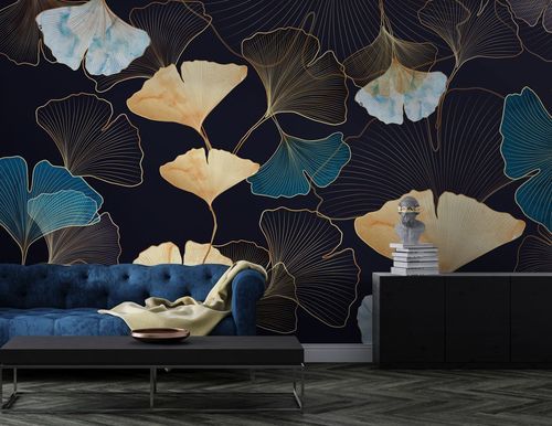 Современный обои - FEUILLES DE GINKGO DOR&Eacute;ES - Kam et Leon - из нетканых материалов / виниловый / в цветочек