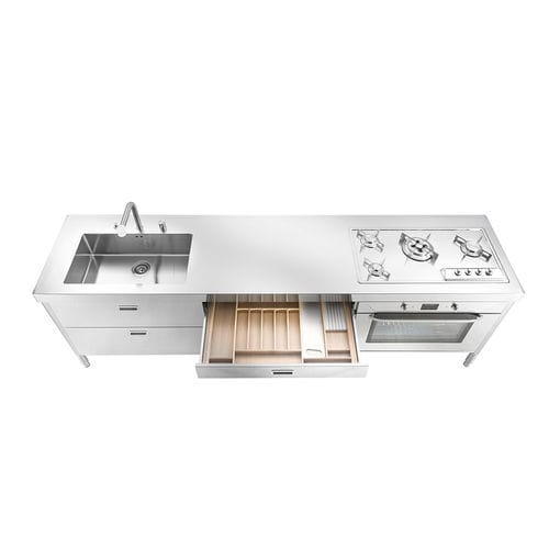 Кухня из нержавеющей стали - LC280-C90+C90+F90/1 - ALPES-INOX - современная / островного типа / со встроенной ручкой