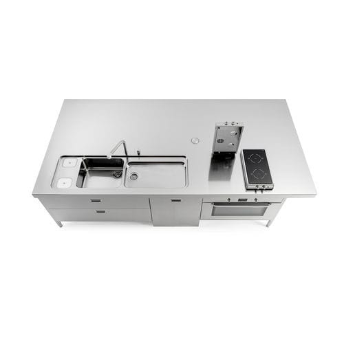 Современная кухня островного типа из нержавеющей стали - I-LC310-C120+L60+F90+snack/1 - ALPES-INOX - оборудованная / с варочной панелью / индукционная