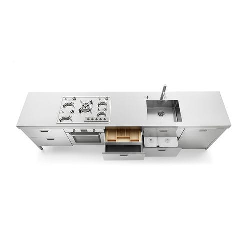 Кухня из нержавеющей стали - LC310-C60+F60+C60+C60+L60/1 - ALPES-INOX - современная / островного типа / со встроенной ручкой