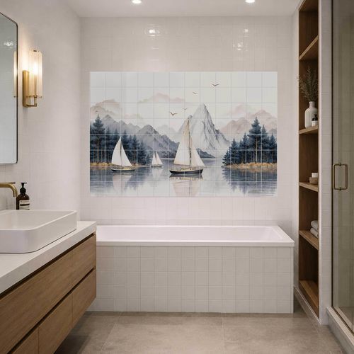 Комод для кухни из керамики - SAILBOATS ON A MOUNTAIN LAKE - Tempera Art Design - сцены из жизни / персонализированный / водостойкий