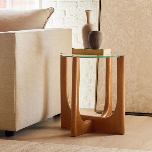 Современный вспомогательный столик - Harper - West Elm - из закаленного стекла / с основанием из цельной древесины / круглый