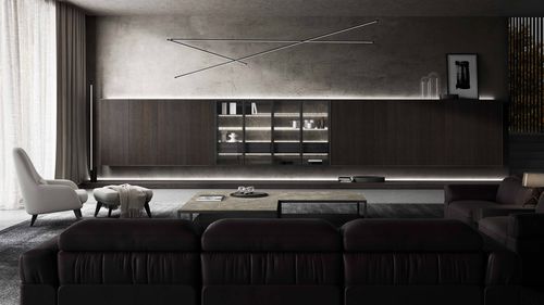 Современная стенка для гостиной - DERIMADE BRANDE CURVE - MUEBLES DOCA - из дуба / из стекла / для ТВ