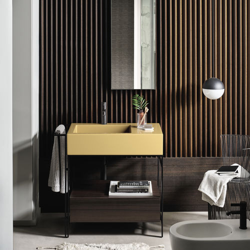Напольная тумба под умывальник - NARCISO MINI - ANEMONE  MATT BLACK  EUCALIPTO - Ceramica Cielo - из дерева / из керамики / современная