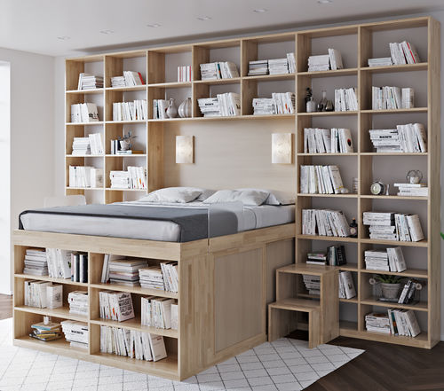 Кровать чердак - Bookcase - Cinius - двуспальная / современная / с основанием для хранения