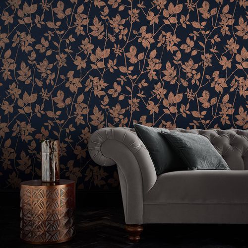 Современный обои - LUNA NAVY & COPPER - Graham & Brown - из меди / в цветочек / имитация ткани