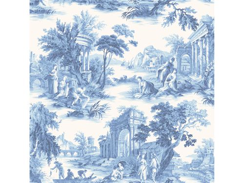 Стилизованный обои - VILLANDRY COBALT  - Lee Jofa - сцены из жизни / белый / синий