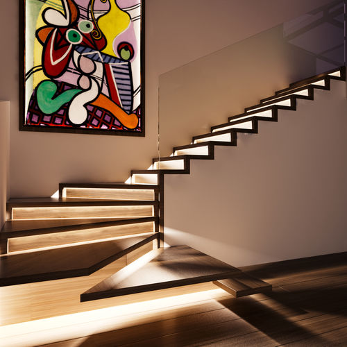 Лестница с поворотом на 90° - ZIGZAG LED - Siller Stairs - со ступеньками из дуба / стеклянная конструкция / деревянная конструкция