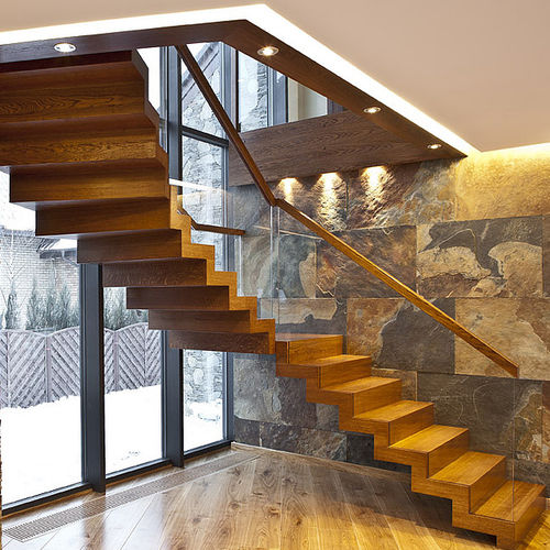 Лестница с поворотом на 90° - ZIGZAG GLASS - Siller Stairs - с поворотом на 180° / со ступеньками из дуба / деревянная конструкция