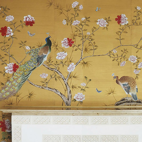 Классический обои - CHINESE GARDEN WITH PEACOCKS - Misha wallcoverings - из шелка / в цветочек / природный мотив