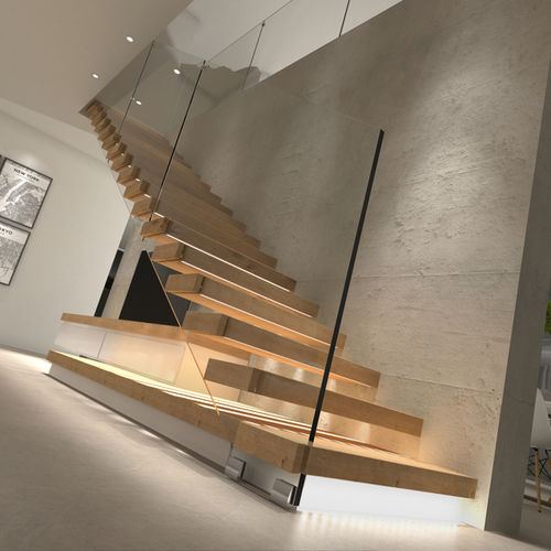 Прямая лестница - SBALZO B-E-GLASS - ITALIAN FASHION STAIRS - с поворотом на 90° / с поворотом на 180° / с деревянными ступеньками
