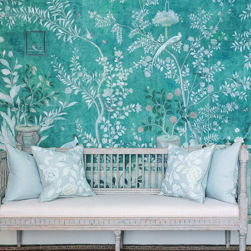 Классический обои - SALON VERT - DE GOURNAY - из шелка / в цветочек / имитация ткани