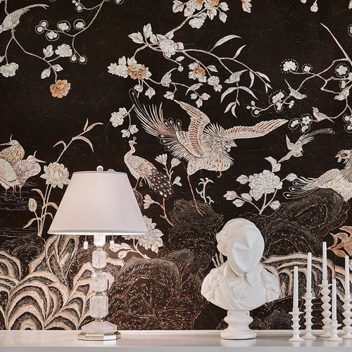 Классический обои - COCO COROMANDEL - DE GOURNAY - с рисунком животных / с китайскими мотивами / имитация ткани