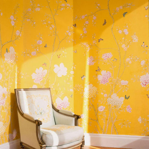 Классический обои - CHELSEA - DE GOURNAY - в цветочек / с китайскими мотивами / имитация ткани
