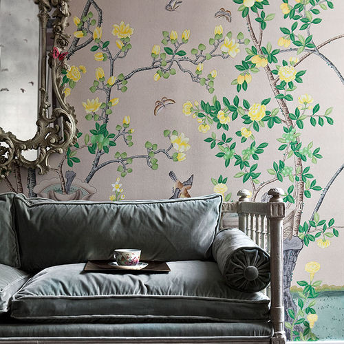 Классический обои - JARDINIERES CITRUS TREES - DE GOURNAY - в цветочек / с китайскими мотивами / имитация ткани