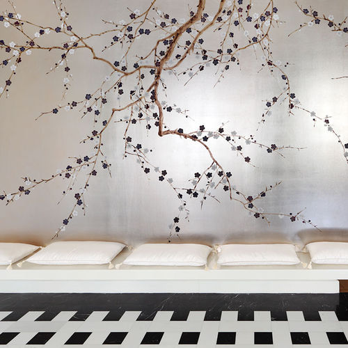 Классический обои - PLUM BLOSSOM - DE GOURNAY - в цветочек / имитация ткани / серый