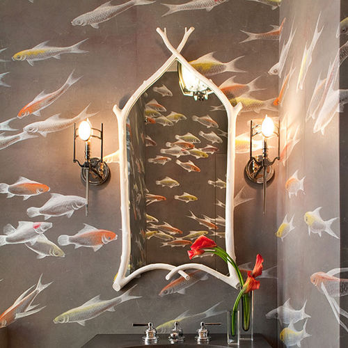 Классический обои - FISHES - DE GOURNAY - с рисунком животных / имитация ткани / посеребренный