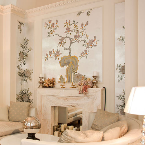 Классический обои - SUMMER NIGHT BLOSSOM - DE GOURNAY - в цветочек / имитация ткани / посеребренный