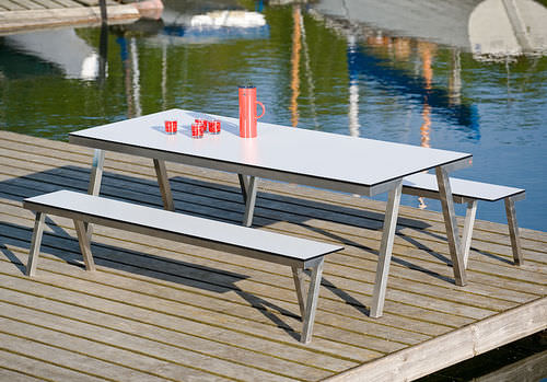Современный комплект стол-лавки - CONCEPT H 840, H 841 - Hans Hansen Furniture - из нержавеющей стали / из ламината высокого давления / для наружного применения