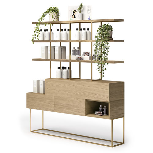 Выставочный стенд-витрина для косметической продукции - FLORA - VEZZOSI - из окрашенной стали / пластиковый / односторонний