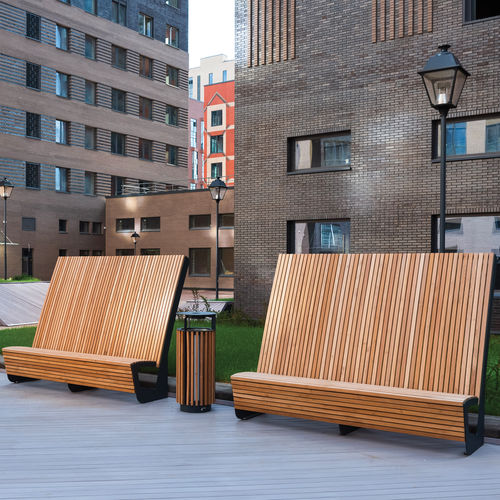 Современная общественная скамейка - LANDSCAPE - mmcité street furniture - из дерева / из гальванизированной стали / со спинкой