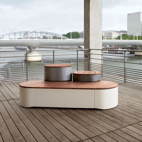 Современная общественная скамейка - URBAN ISLANDS - mmcité street furniture - из лиственных пород дерева / из ламината высокого давления / без спинки