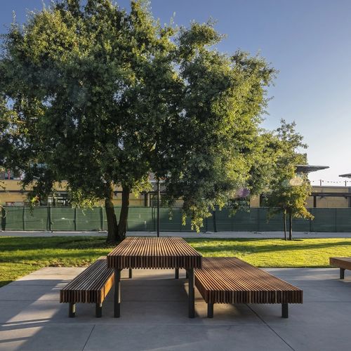 Современный стол для пикника - WOODY - mmcité street furniture - из лиственных пород дерева / с основанием из оцинкованной стали / прямоугольный