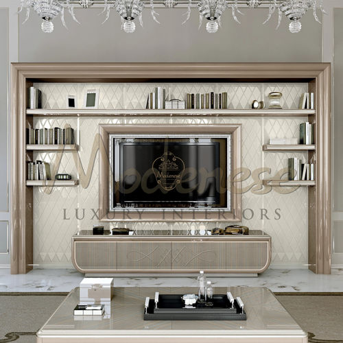 Современный книжный шкаф - 20149 - Modenese Luxury Interiors - из дерева / со встроенным ящиком / бежевый