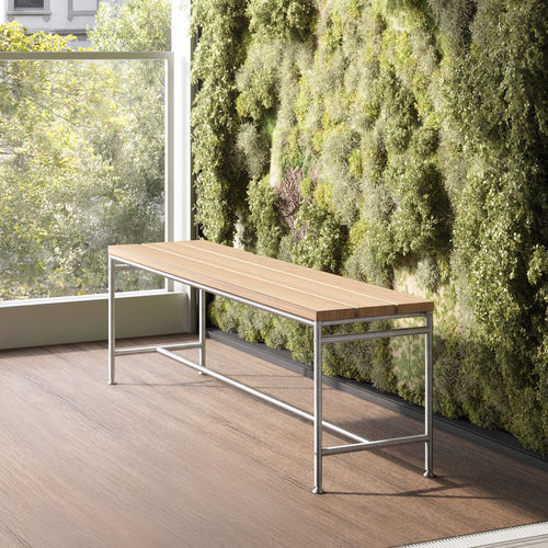 Скамейка минималистский дизайн - Outdoor Sitzbänke - PHOS Design GmbH - из нержавеющей стали / из тикового дерева / без спинки