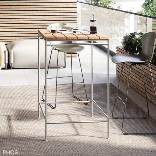 Высокий стол для еды стоя минималистский дизайн - Outdoor Stehtische - PHOS Design GmbH - из тикового дерева / из нержавеющей стали / с лакированным основанием из нержавеющей стали
