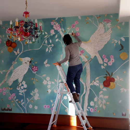 Покрытие для стен для внутреннего пространства - TURQUOISE SWEET TROPICAL, Fresque murale par K. Fabrizzi - ICI ET LA - расписанное вручную / имитация обоев / для бытового использования