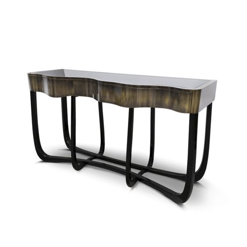 Современный стол-консоль - SINUOUS PATINA  - BOCA DO LOBO - из красного дерева / из полированной латуни / с основанием из лакированной древесины