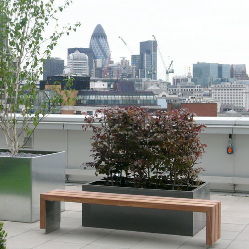 Современная общественная скамейка - Bloc - Factory Street Furniture - из дерева / из нержавеющей стали / со спинкой