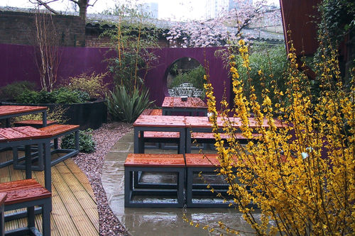 Современный комплект стол-лавки - SHEPHERD’S BUSH, LONDON - Factory Street Furniture - из стали / из дерева / для наружного применения