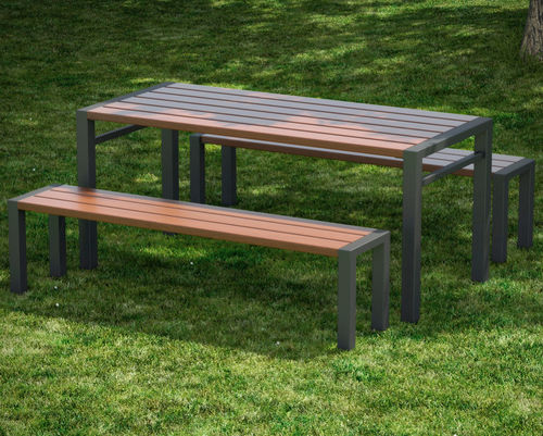 Современный комплект стол-лавки - BASIC - Concept Urbain - из экзотических пород дерева / из гальванизированной стали / садовый